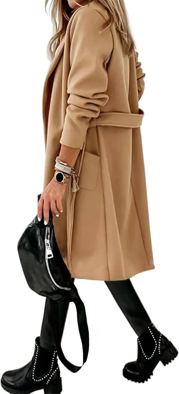 Hooever Women's Double Breasted Wool Blend Coat Winter Notched Lapel Belted Peacoat Mid Long Jacket