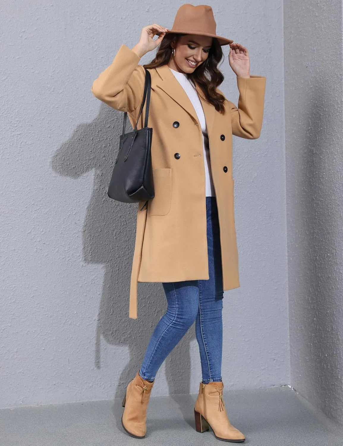 Hooever Women's Double Breasted Wool Blend Coat Winter Notched Lapel Belted Peacoat Mid Long Jacket
