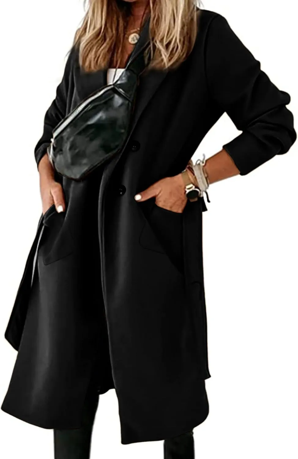Hooever Women's Double Breasted Wool Blend Coat Winter Notched Lapel Belted Peacoat Mid Long Jacket