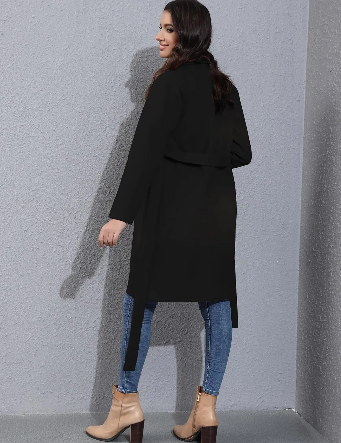Hooever Women's Double Breasted Wool Blend Coat Winter Notched Lapel Belted Peacoat Mid Long Jacket