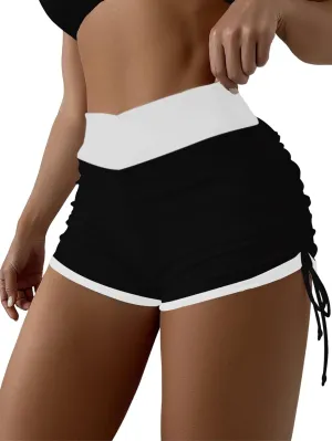 HYTENSUN Women's High Waisted V Cut Swim Shorts Ruched Board Shorts Tie Side Swimsuit Bottoms