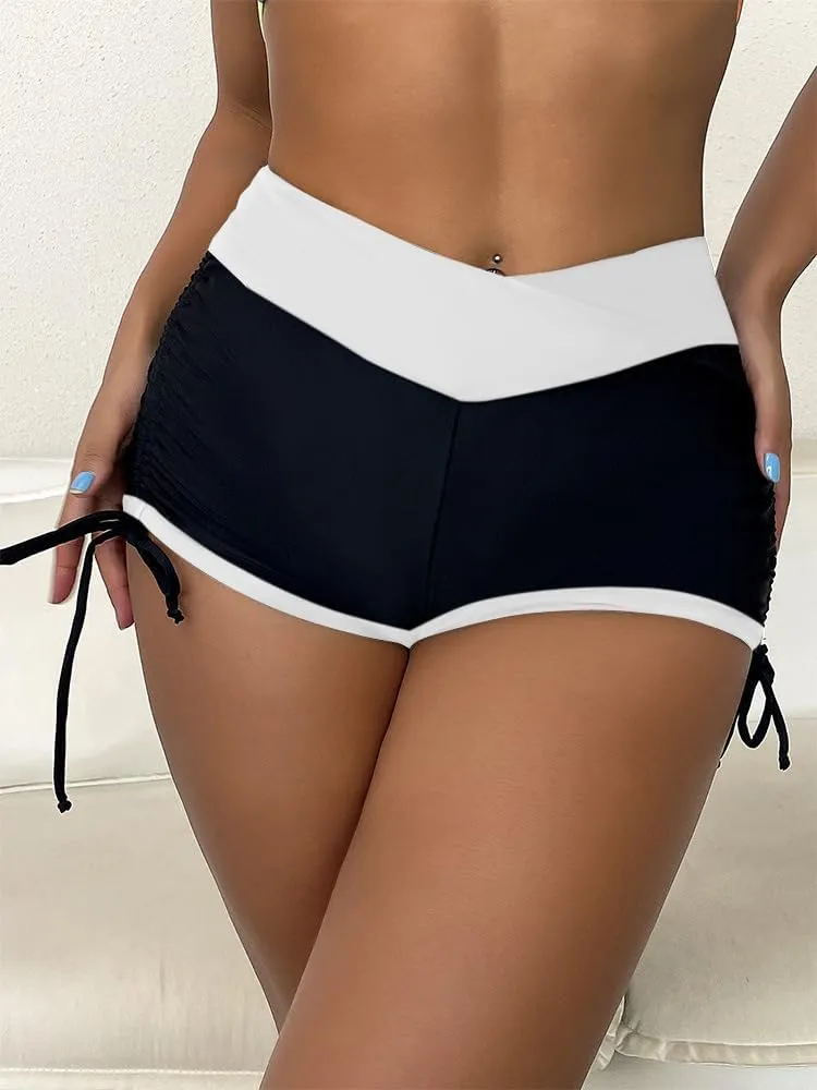HYTENSUN Women's High Waisted V Cut Swim Shorts Ruched Board Shorts Tie Side Swimsuit Bottoms