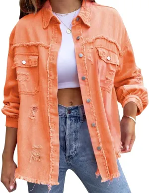 IDOPIP Denim Jacket for Women Distressed Ripped Jean Jackets Long Sleeve Casual Button Down Frayed Trucker Shacket Shirts