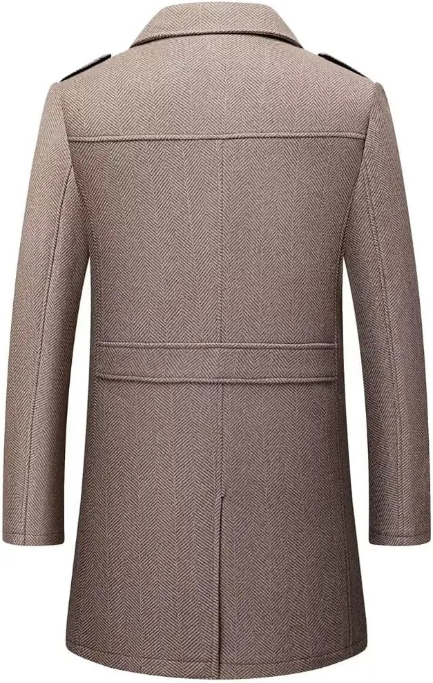INVACHI Mens Wool Blend Coat Warm Winter Trench Coat Mid-Length Overcoat Classic Outwear with Notched Collar