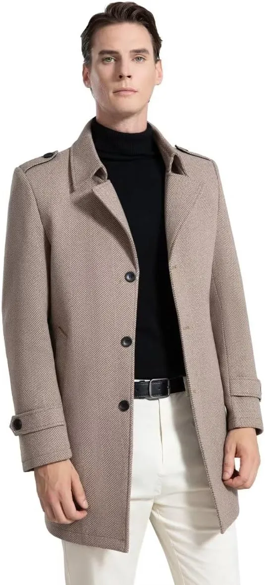 INVACHI Mens Wool Blend Coat Warm Winter Trench Coat Mid-Length Overcoat Classic Outwear with Notched Collar