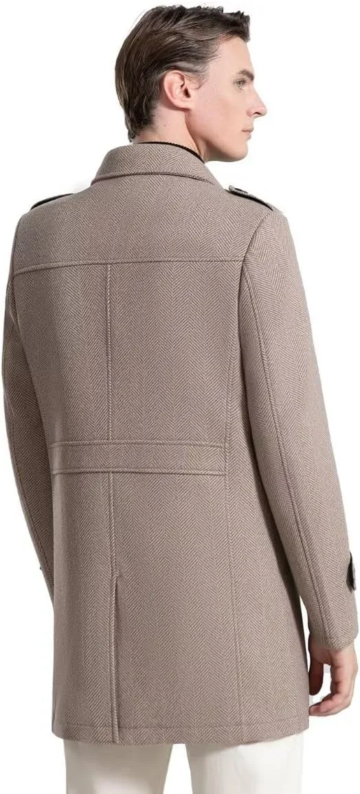INVACHI Mens Wool Blend Coat Warm Winter Trench Coat Mid-Length Overcoat Classic Outwear with Notched Collar