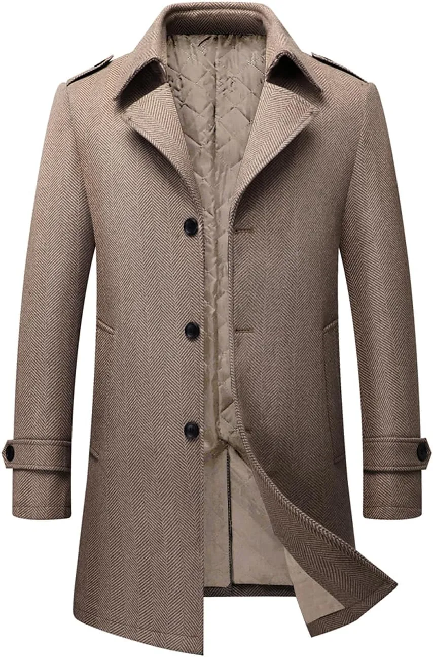 INVACHI Mens Wool Blend Coat Warm Winter Trench Coat Mid-Length Overcoat Classic Outwear with Notched Collar