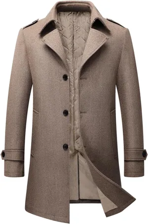 INVACHI Mens Wool Blend Coat Warm Winter Trench Coat Mid-Length Overcoat Classic Outwear with Notched Collar