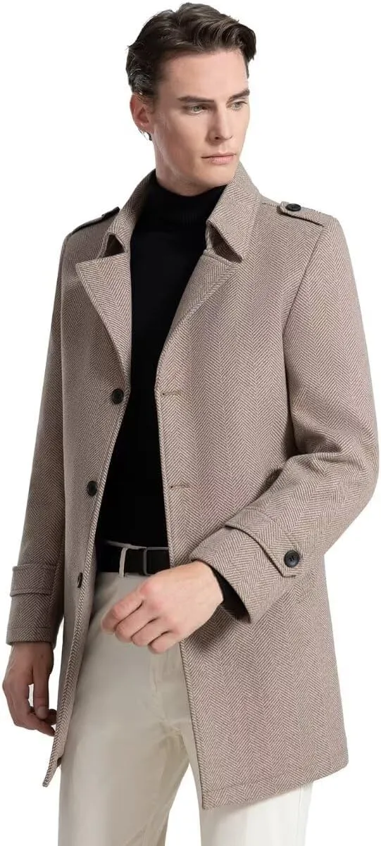 INVACHI Mens Wool Blend Coat Warm Winter Trench Coat Mid-Length Overcoat Classic Outwear with Notched Collar