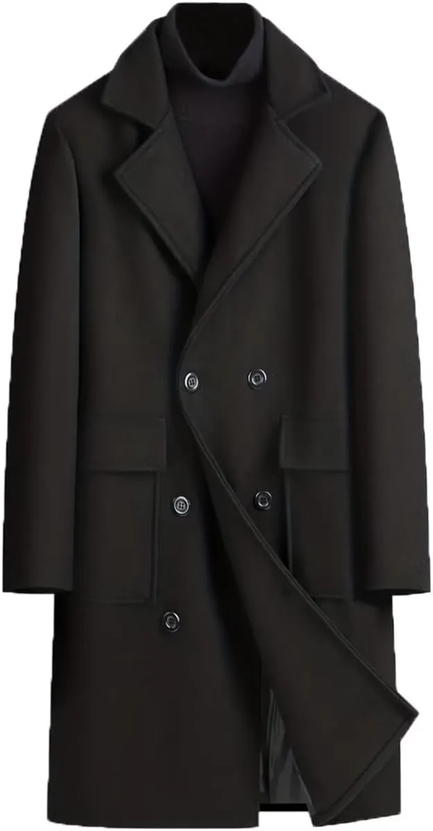INVACHI Men's Wool Blend Long Trench Coat Notched Collar Single Breasted Overcoat Warm Winter Pea Coat