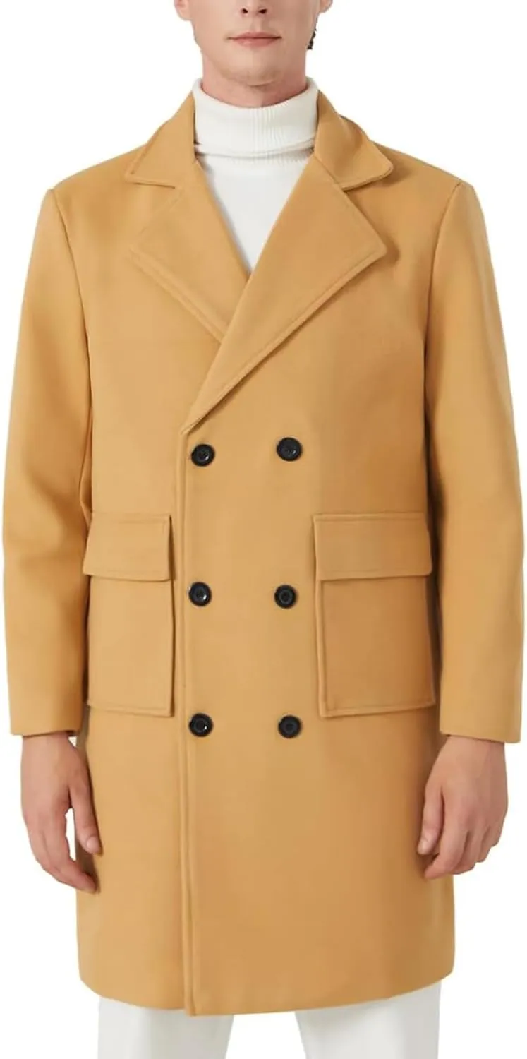 INVACHI Men's Wool Blend Long Trench Coat Notched Collar Single Breasted Overcoat Warm Winter Pea Coat