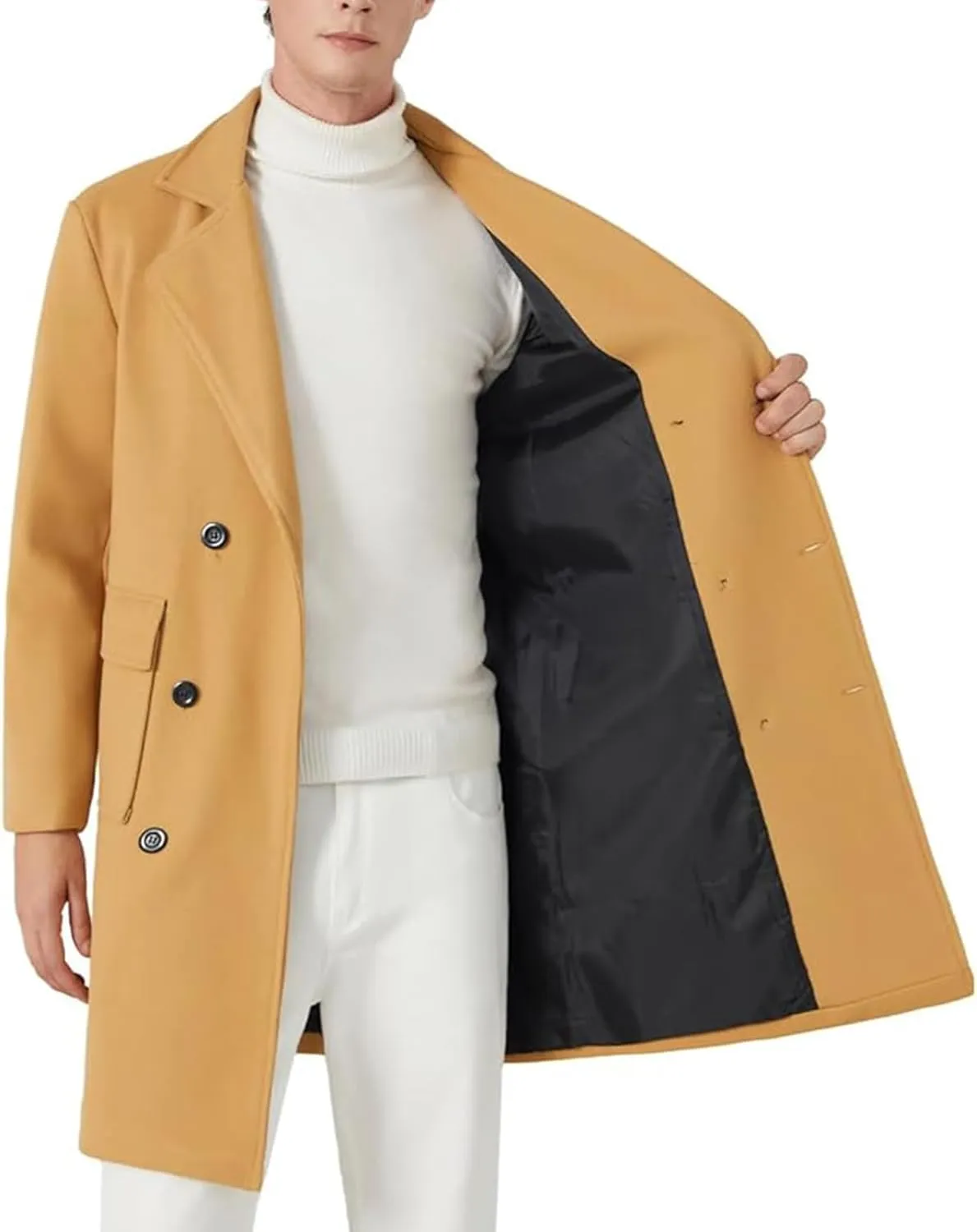 INVACHI Men's Wool Blend Long Trench Coat Notched Collar Single Breasted Overcoat Warm Winter Pea Coat