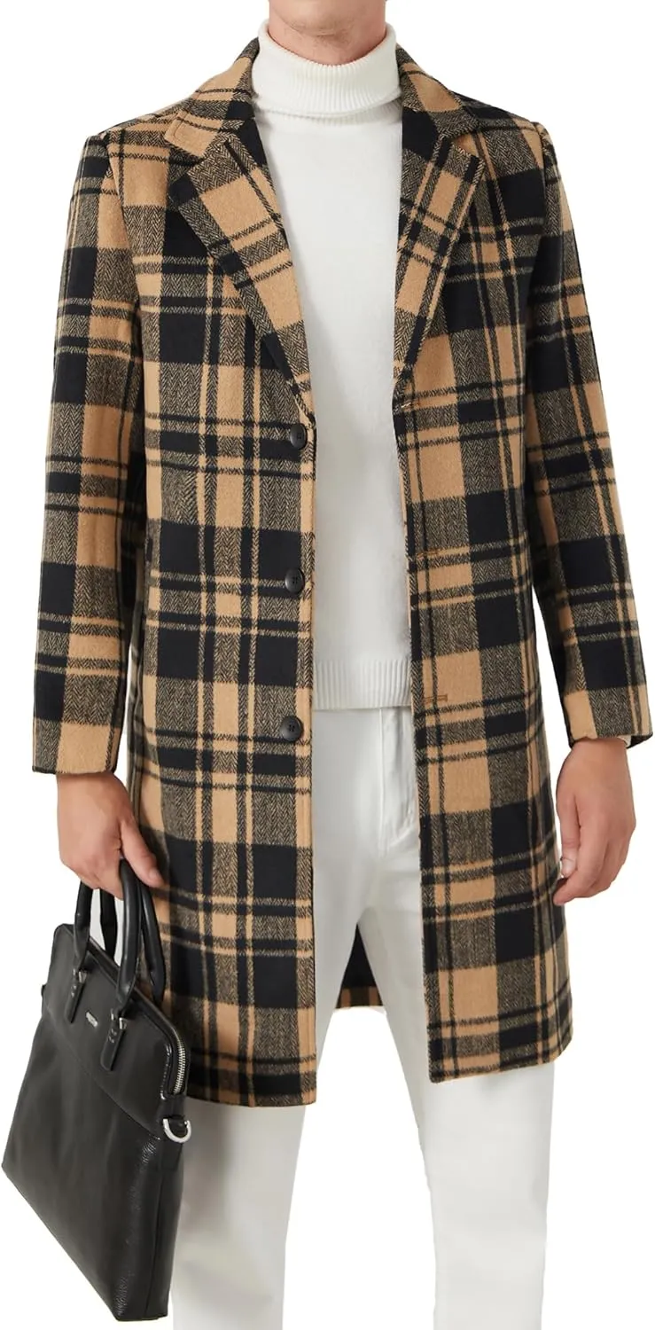 INVACHI Men's Wool Blend Long Trench Coat Notched Collar Single Breasted Overcoat Warm Winter Pea Coat