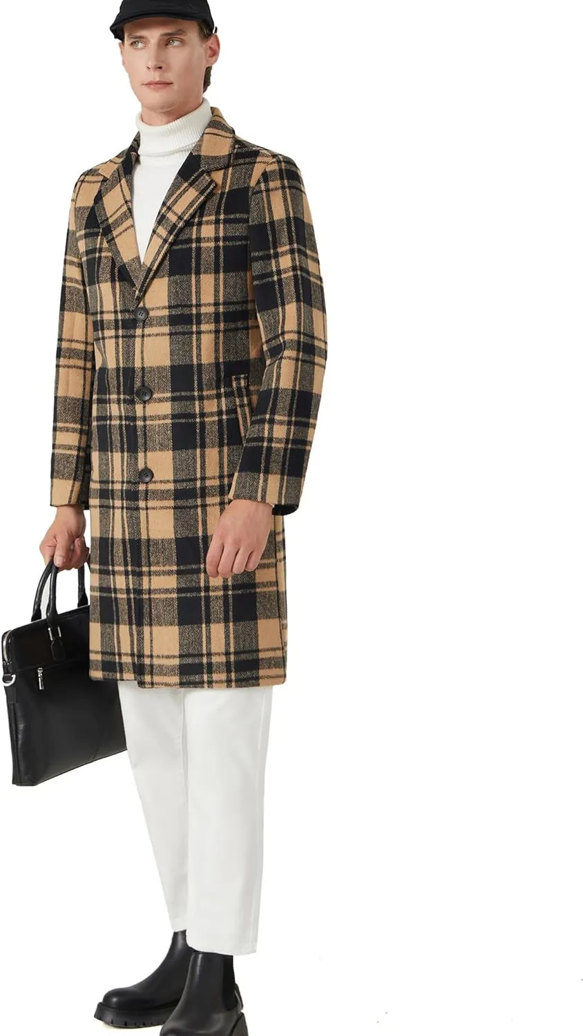 INVACHI Men's Wool Blend Long Trench Coat Notched Collar Single Breasted Overcoat Warm Winter Pea Coat