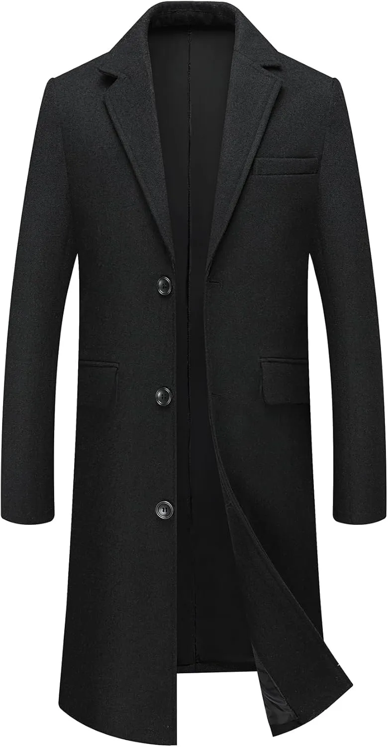 INVACHI Men's Wool Blend Long Trench Coat Notched Collar Single Breasted Overcoat Warm Winter Pea Coat