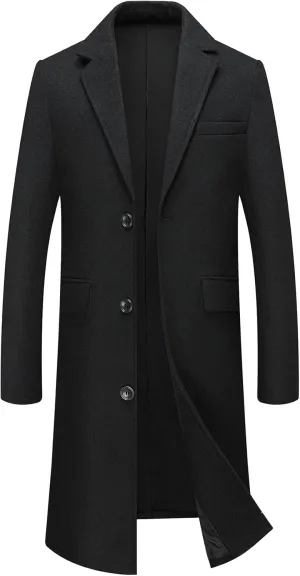 INVACHI Men's Wool Blend Long Trench Coat Notched Collar Single Breasted Overcoat Warm Winter Pea Coat