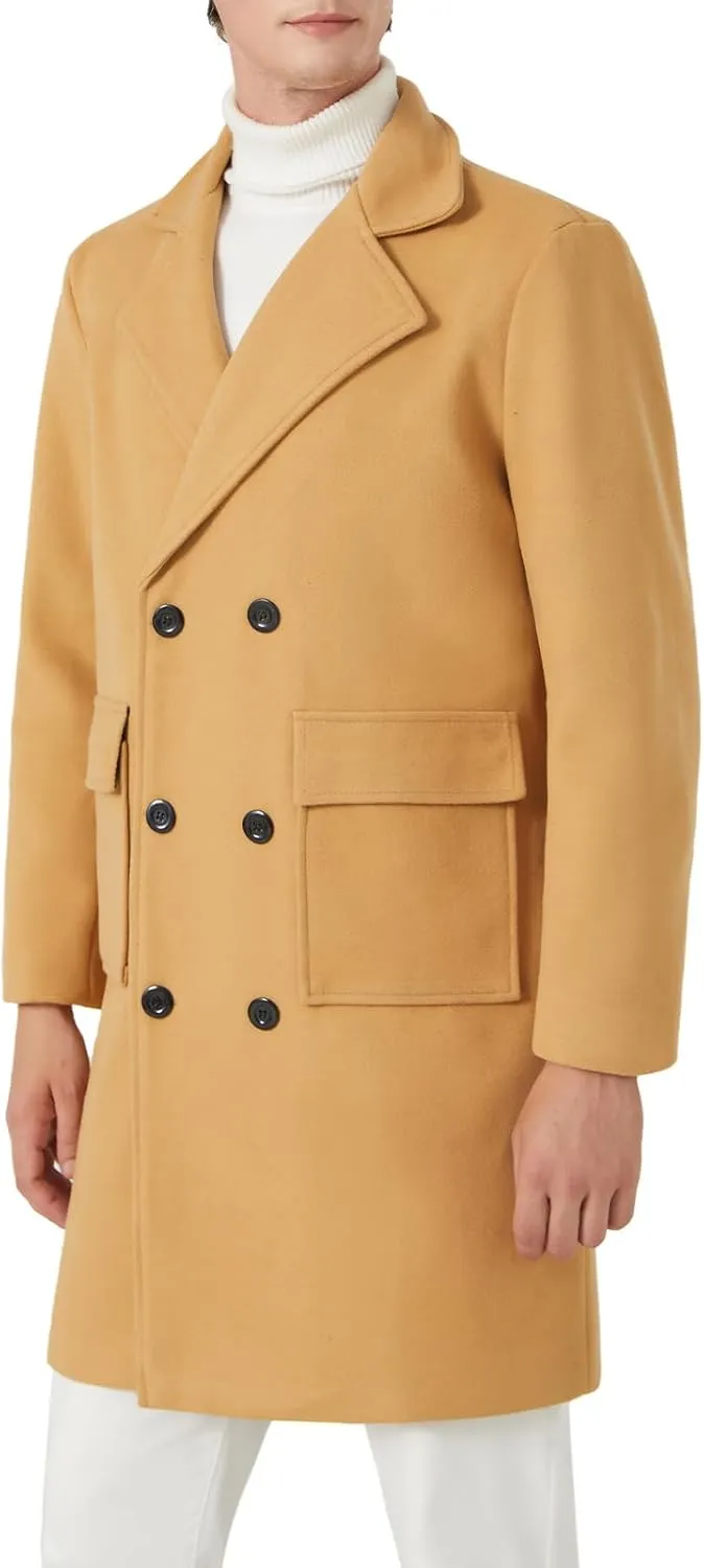 INVACHI Men's Wool Blend Long Trench Coat Notched Collar Single Breasted Overcoat Warm Winter Pea Coat