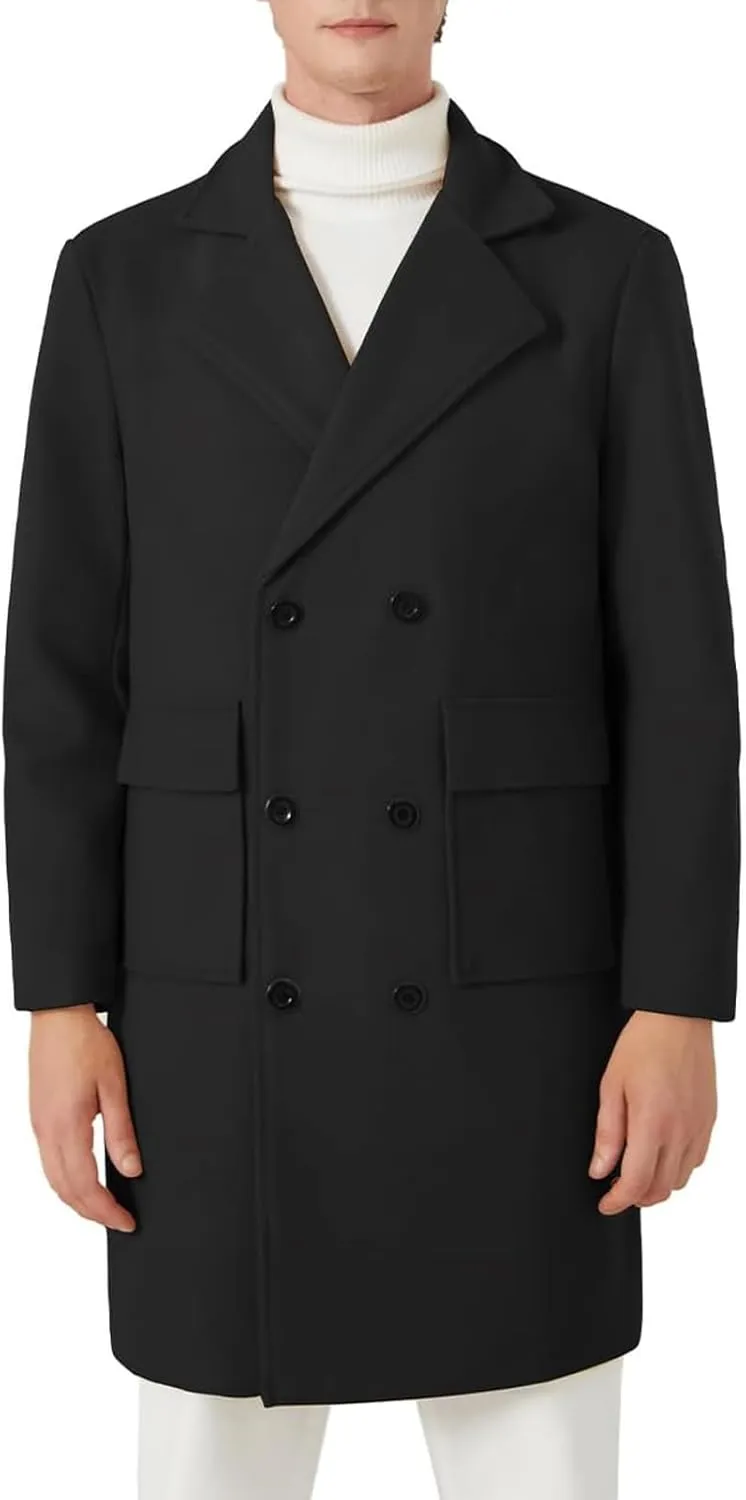 INVACHI Men's Wool Blend Long Trench Coat Notched Collar Single Breasted Overcoat Warm Winter Pea Coat
