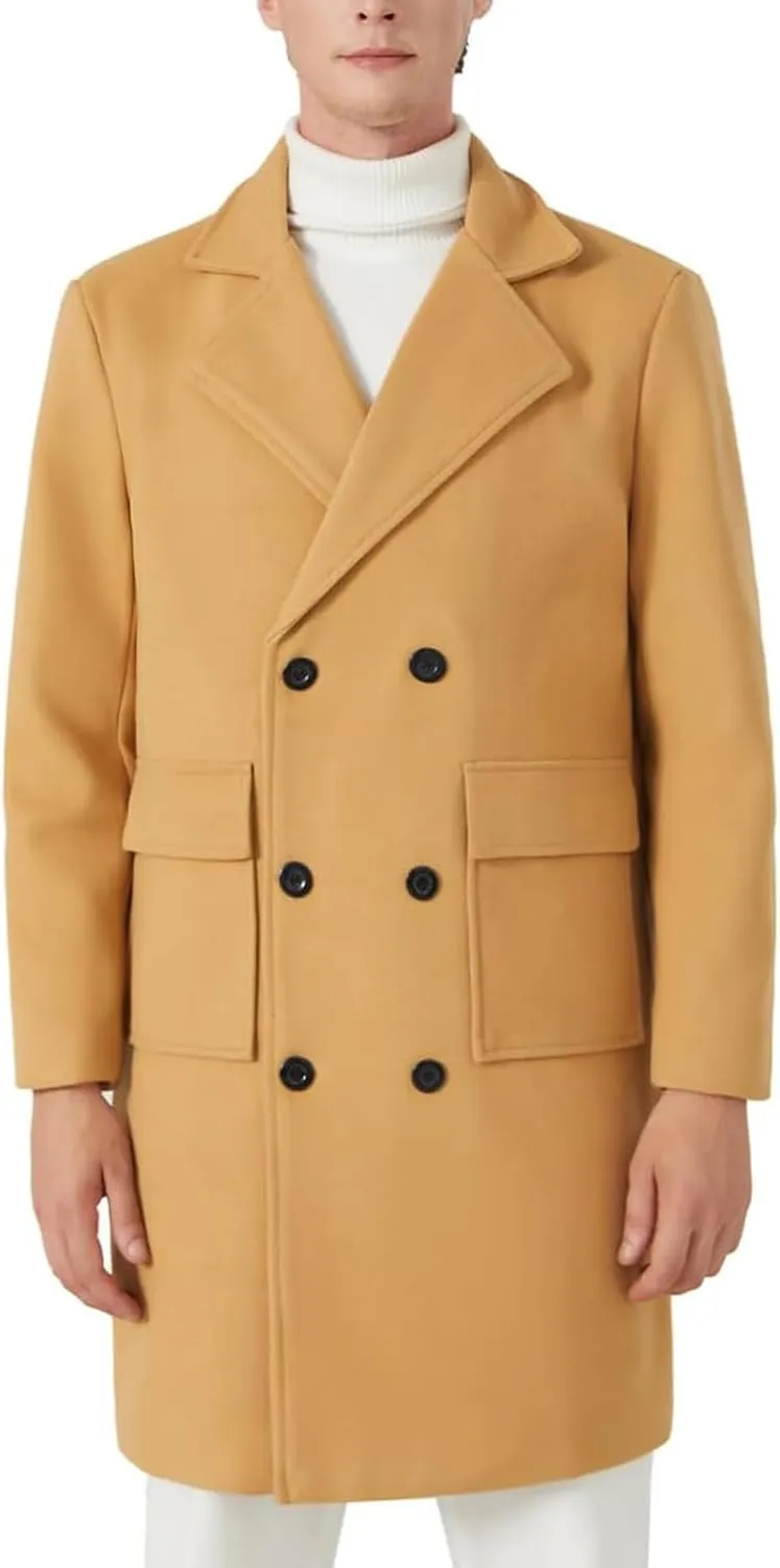 INVACHI Men's Wool Blend Long Trench Coat Notched Collar Single Breasted Overcoat Warm Winter Pea Coat