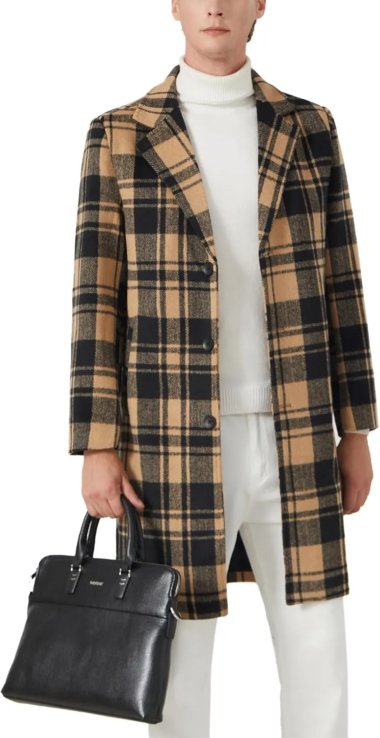 INVACHI Men's Wool Blend Long Trench Coat Notched Collar Single Breasted Overcoat Warm Winter Pea Coat