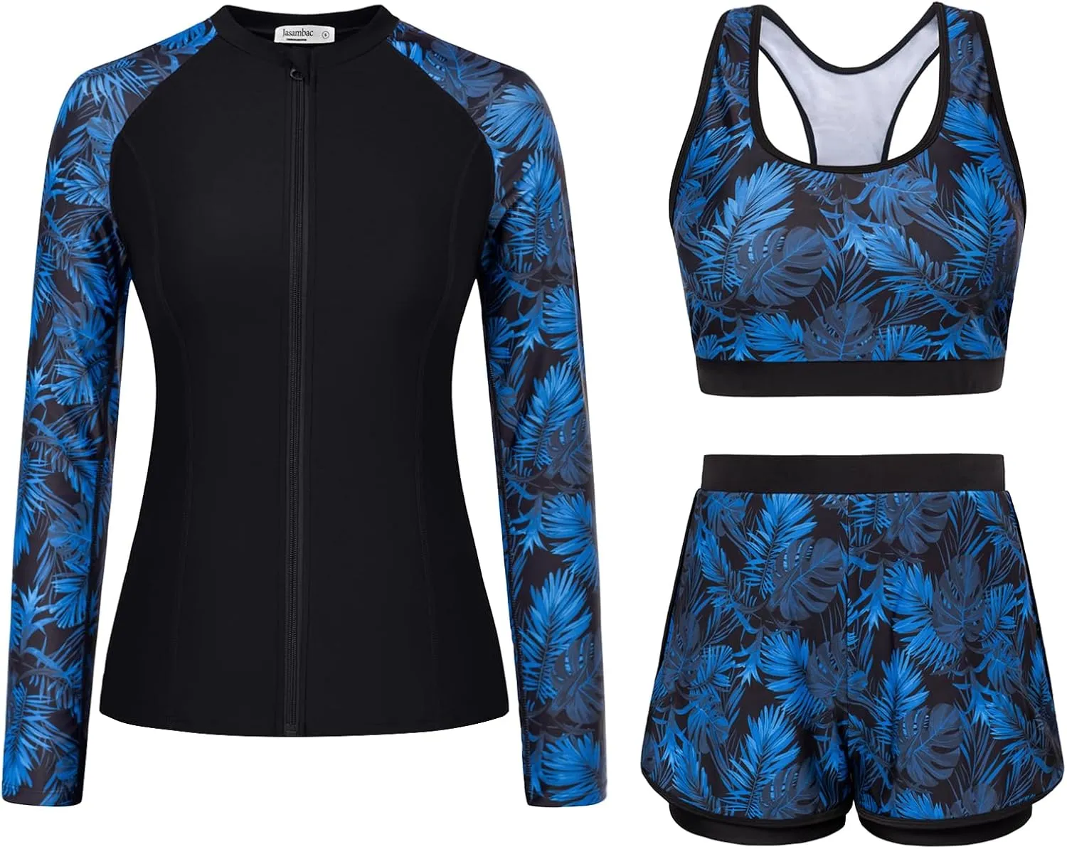 JASAMBAC Women's 3 Piece Rash Guard Long Sleeve Swimsuits with Boyshorts Zip Up UPF 50  Swim Shirt Built in Bra