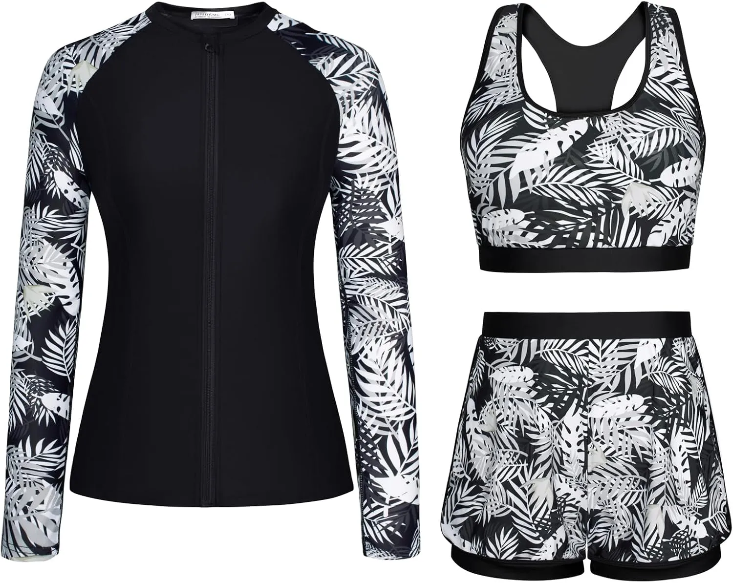 JASAMBAC Women's 3 Piece Rash Guard Long Sleeve Swimsuits with Boyshorts Zip Up UPF 50  Swim Shirt Built in Bra
