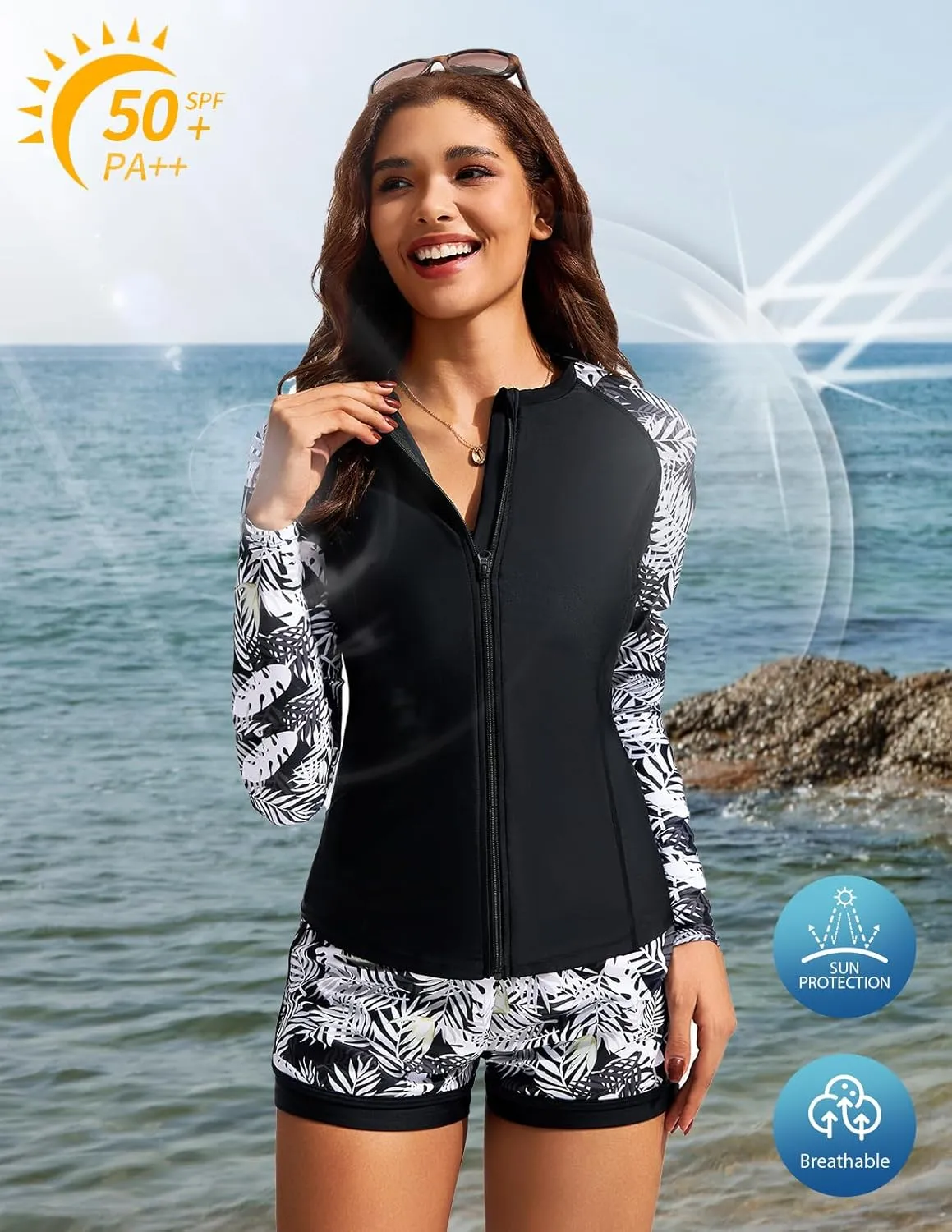 JASAMBAC Women's 3 Piece Rash Guard Long Sleeve Swimsuits with Boyshorts Zip Up UPF 50  Swim Shirt Built in Bra
