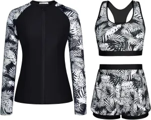 JASAMBAC Women's 3 Piece Rash Guard Long Sleeve Swimsuits with Boyshorts Zip Up UPF 50  Swim Shirt Built in Bra