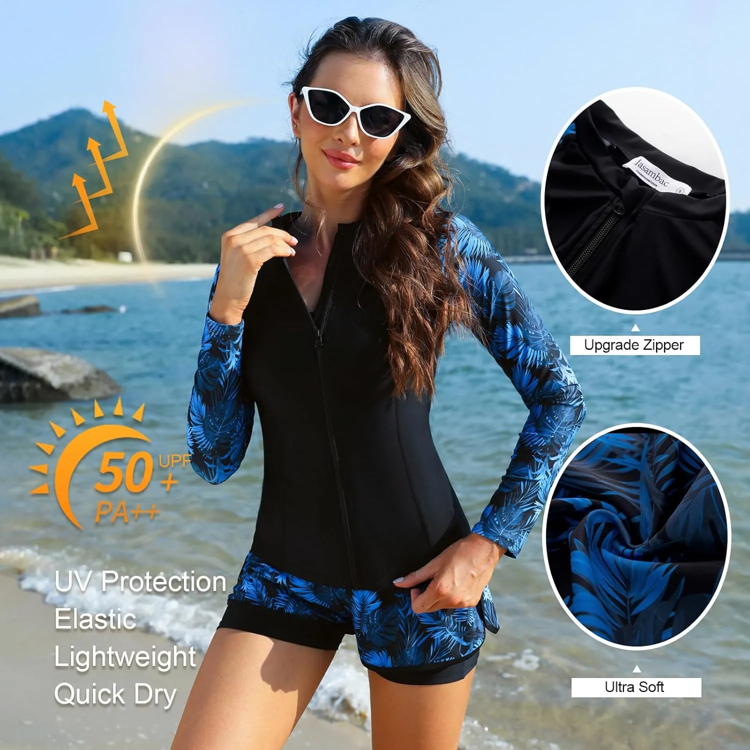 JASAMBAC Women's 3 Piece Rash Guard Long Sleeve Swimsuits with Boyshorts Zip Up UPF 50  Swim Shirt Built in Bra