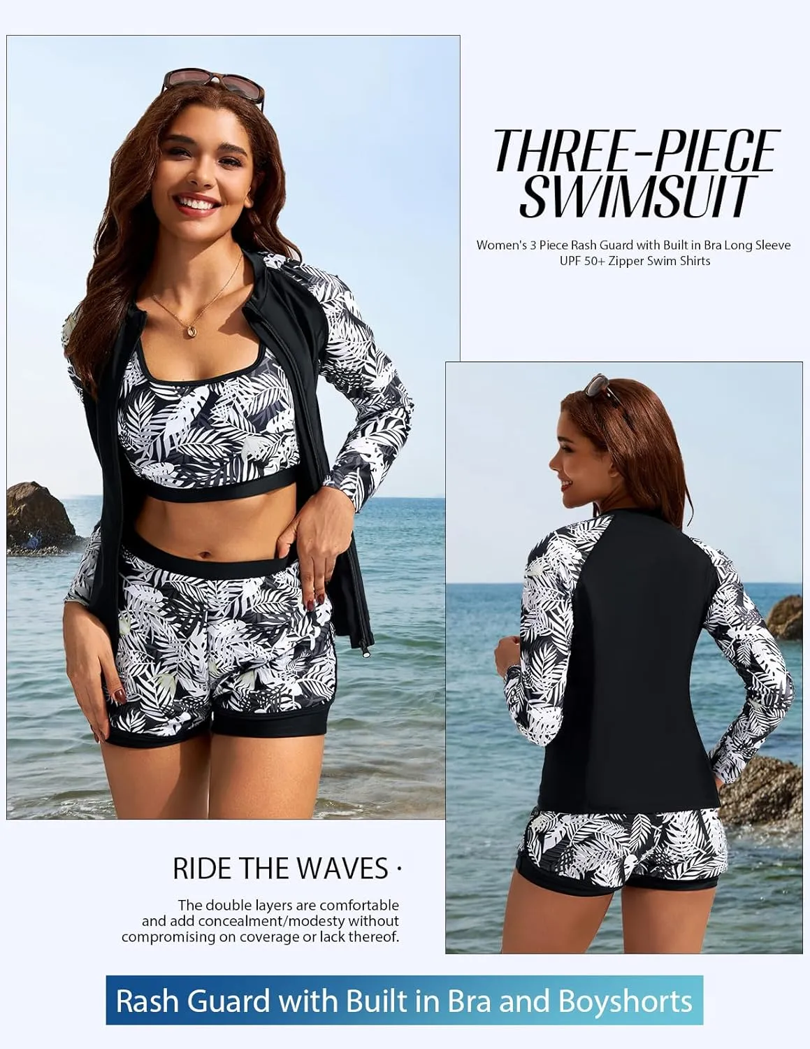 JASAMBAC Women's 3 Piece Rash Guard Long Sleeve Swimsuits with Boyshorts Zip Up UPF 50  Swim Shirt Built in Bra