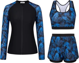 JASAMBAC Women's 3 Piece Rash Guard Long Sleeve Swimsuits with Boyshorts Zip Up UPF 50  Swim Shirt Built in Bra