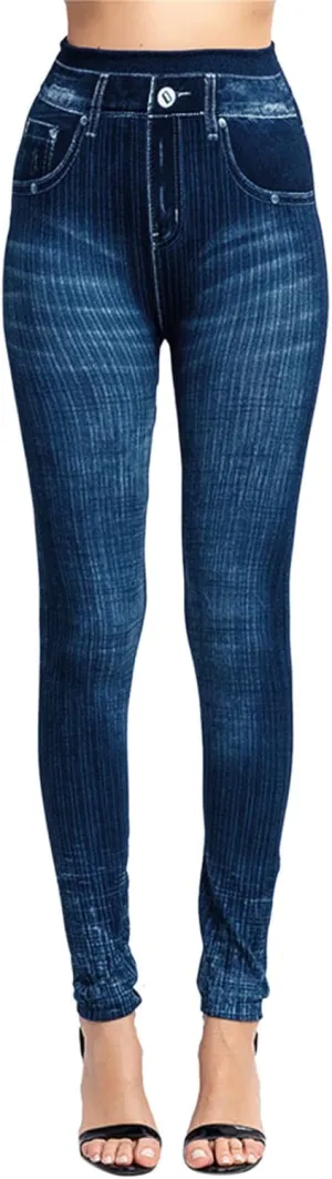 Jeans Leggings for Women Stretchy Tummy Control Denim Pants Skinny Stripe Slimming Comfortable Trousers with Pockets