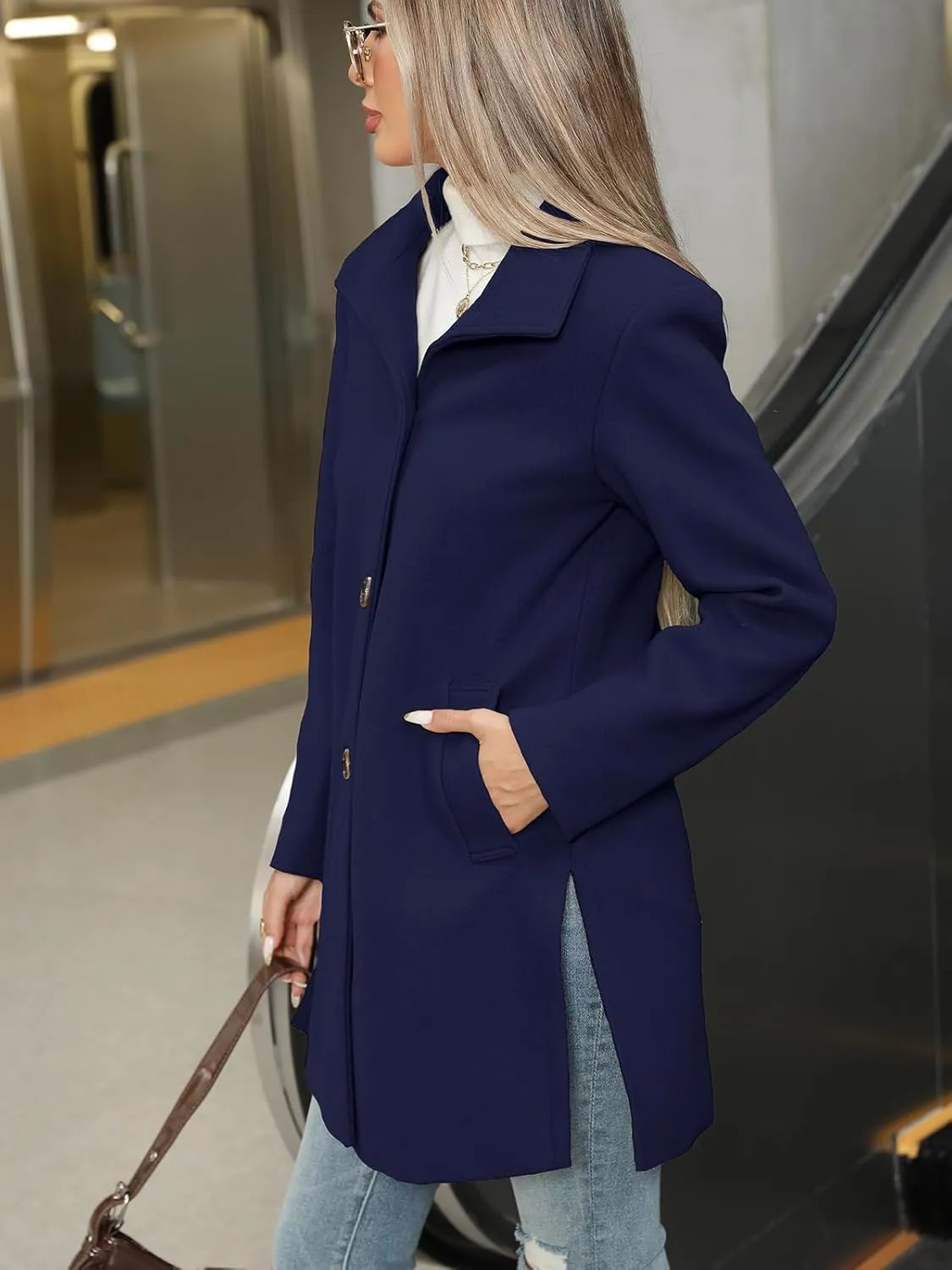 Jenkoon Women Single-Breasted A-Lined Winter Coat Mid Long Wool Blend Coat