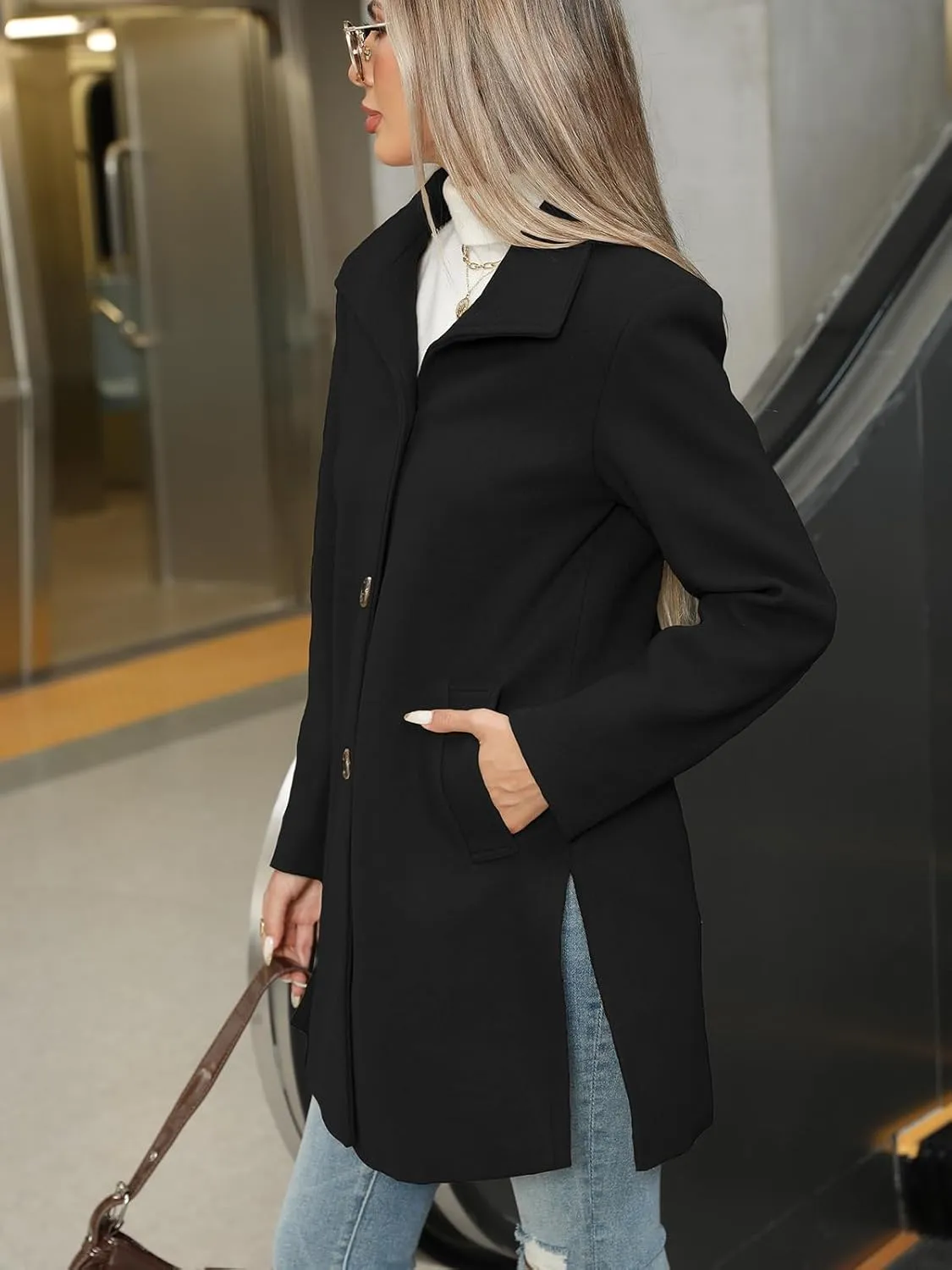 Jenkoon Women Single-Breasted A-Lined Winter Coat Mid Long Wool Blend Coat