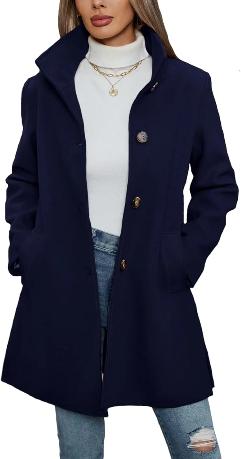 Jenkoon Women Single-Breasted A-Lined Winter Coat Mid Long Wool Blend Coat