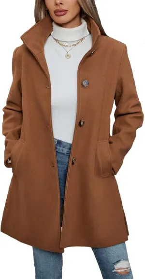 Jenkoon Women Single-Breasted A-Lined Winter Coat Mid Long Wool Blend Coat
