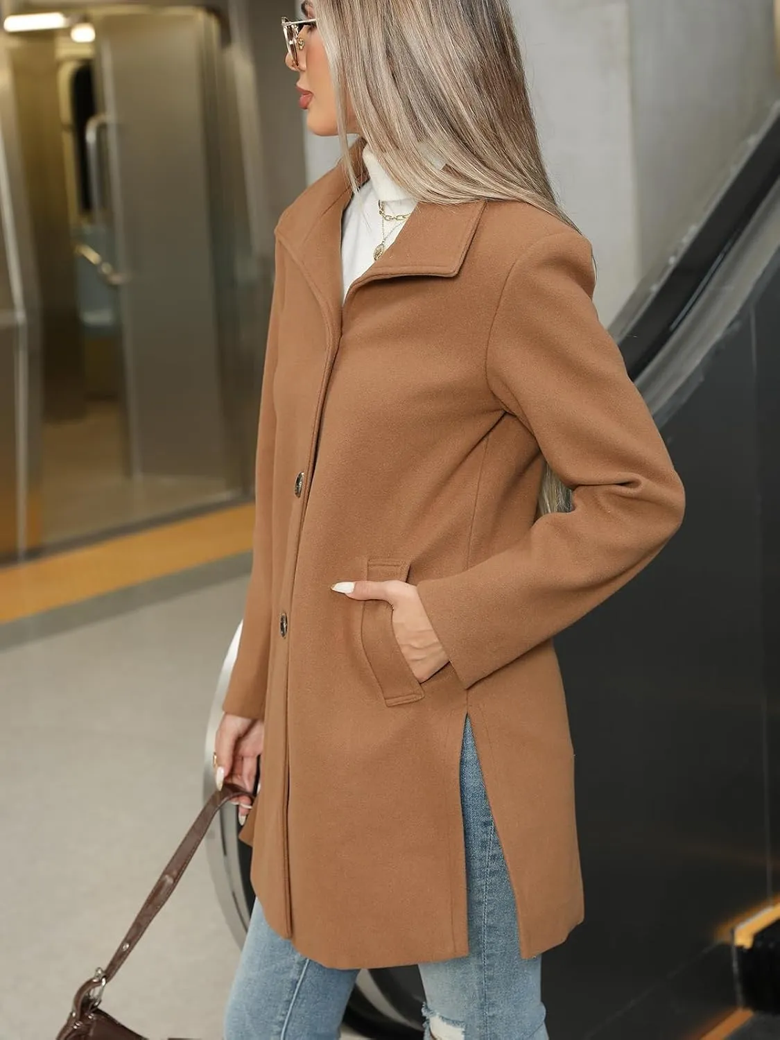 Jenkoon Women Single-Breasted A-Lined Winter Coat Mid Long Wool Blend Coat