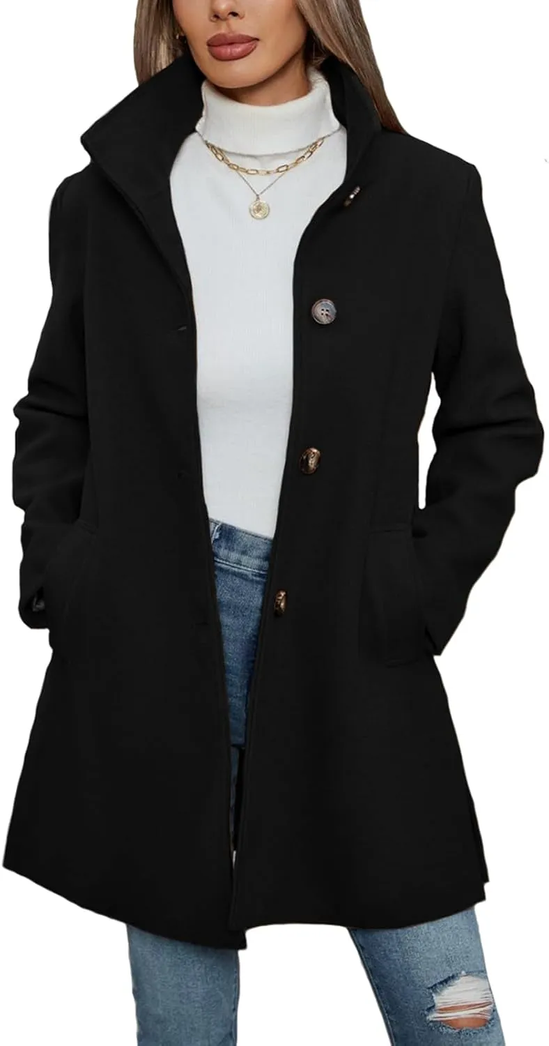 Jenkoon Women Single-Breasted A-Lined Winter Coat Mid Long Wool Blend Coat