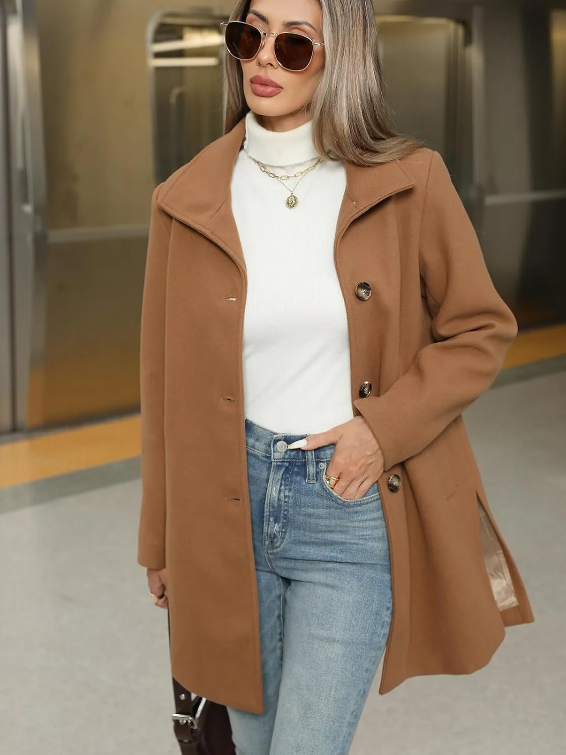 Jenkoon Women Single-Breasted A-Lined Winter Coat Mid Long Wool Blend Coat