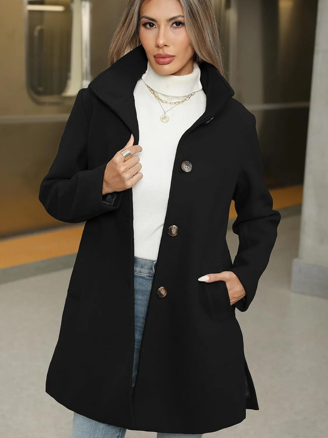 Jenkoon Women Single-Breasted A-Lined Winter Coat Mid Long Wool Blend Coat
