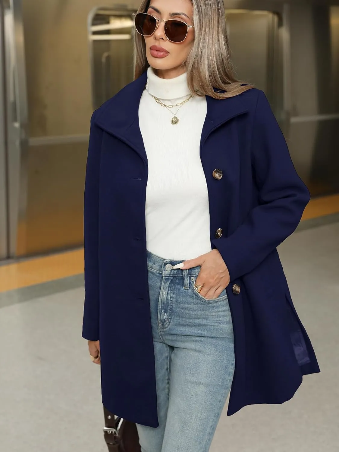 Jenkoon Women Single-Breasted A-Lined Winter Coat Mid Long Wool Blend Coat