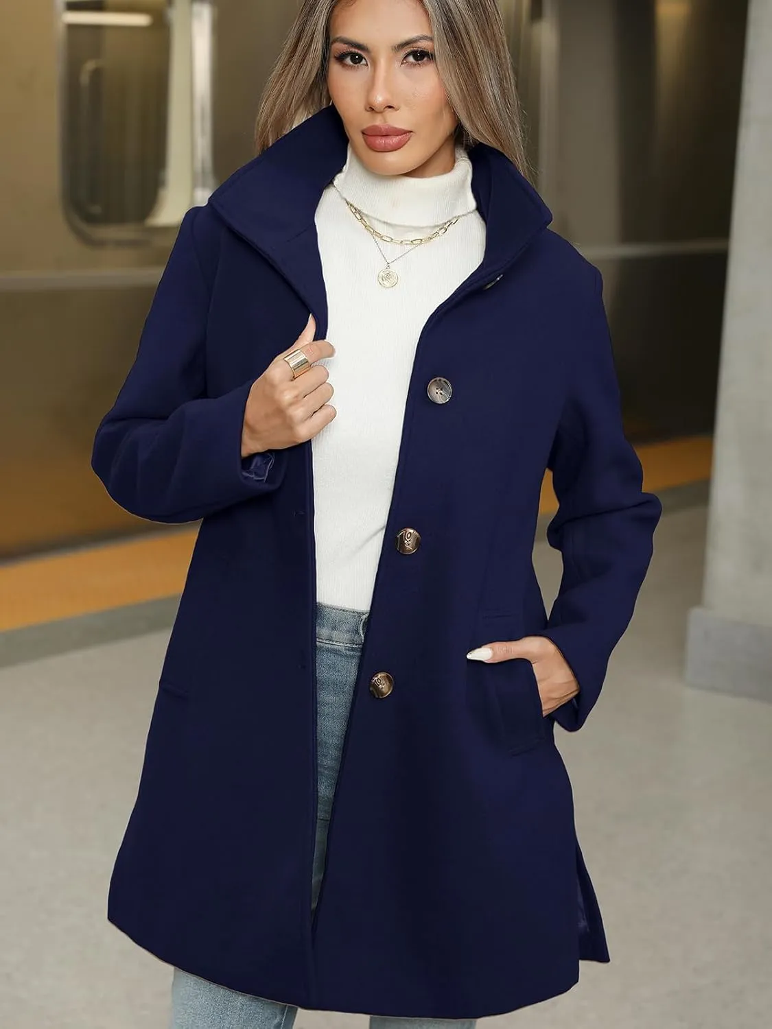 Jenkoon Women Single-Breasted A-Lined Winter Coat Mid Long Wool Blend Coat