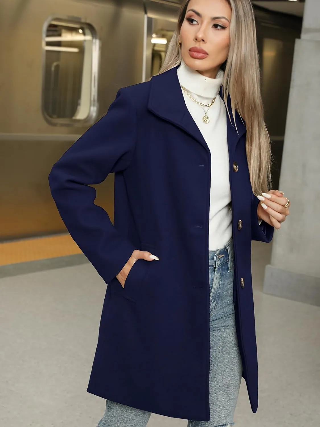 Jenkoon Women Single-Breasted A-Lined Winter Coat Mid Long Wool Blend Coat