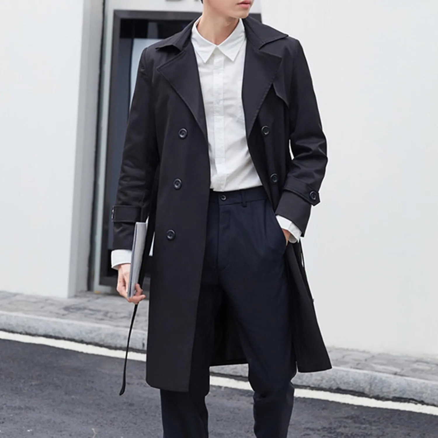 JEShifangjiusu Mens Notch Lapel Double Breasted Overcoat Lightweight Long Trench Coat Windbreaker Casual Cotton Blend Peacoat