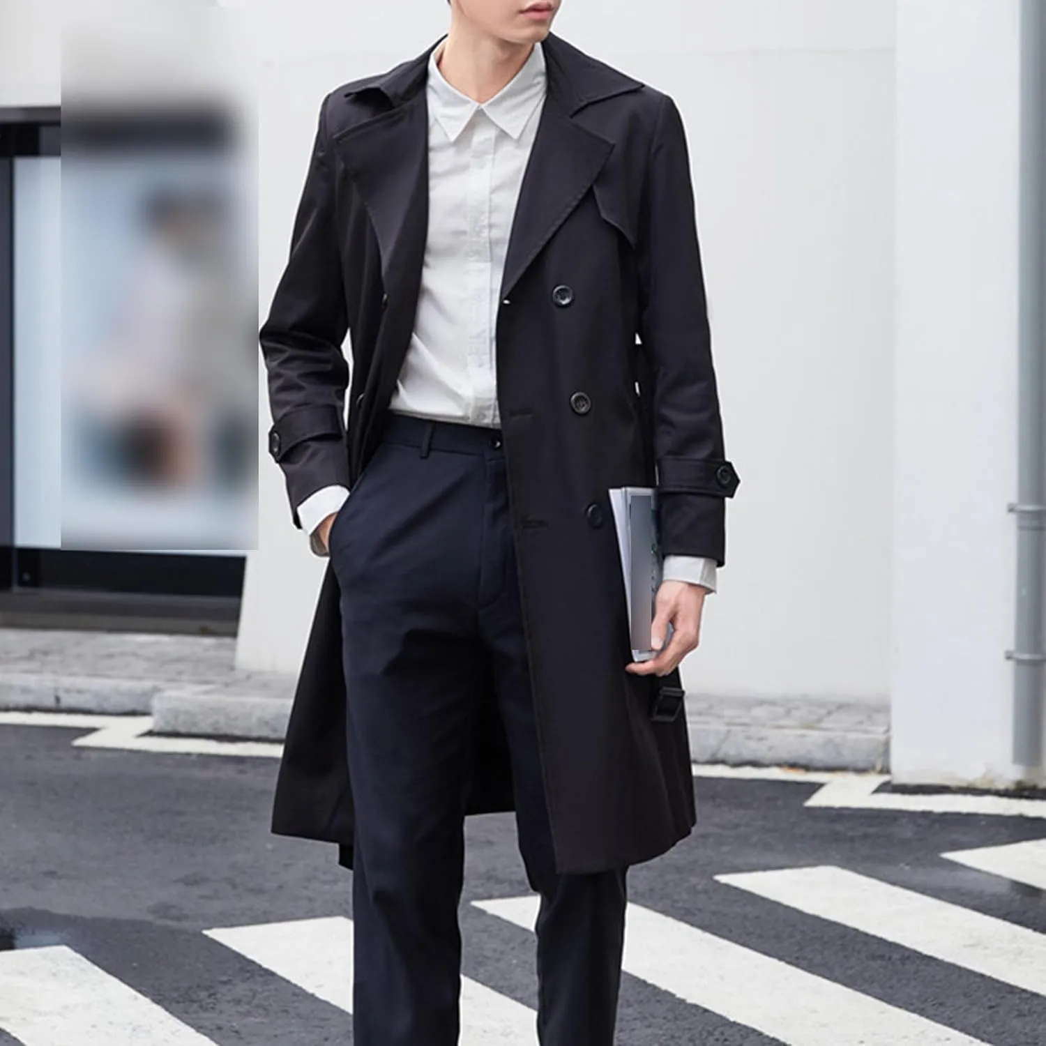 JEShifangjiusu Mens Notch Lapel Double Breasted Overcoat Lightweight Long Trench Coat Windbreaker Casual Cotton Blend Peacoat