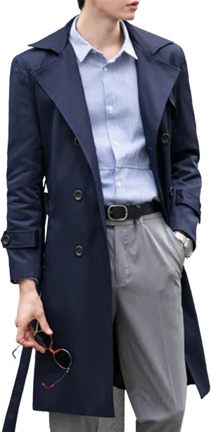 JEShifangjiusu Mens Notch Lapel Double Breasted Overcoat Lightweight Long Trench Coat Windbreaker Casual Cotton Blend Peacoat
