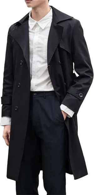 JEShifangjiusu Mens Notch Lapel Double Breasted Overcoat Lightweight Long Trench Coat Windbreaker Casual Cotton Blend Peacoat