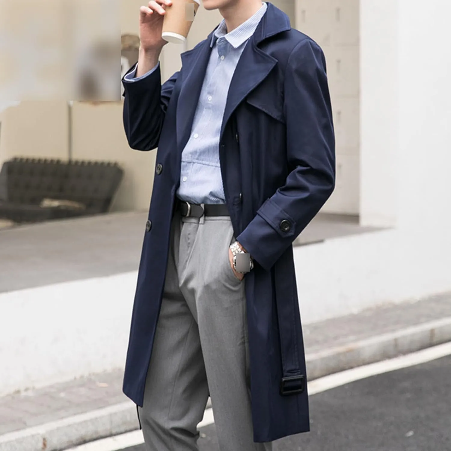 JEShifangjiusu Mens Notch Lapel Double Breasted Overcoat Lightweight Long Trench Coat Windbreaker Casual Cotton Blend Peacoat