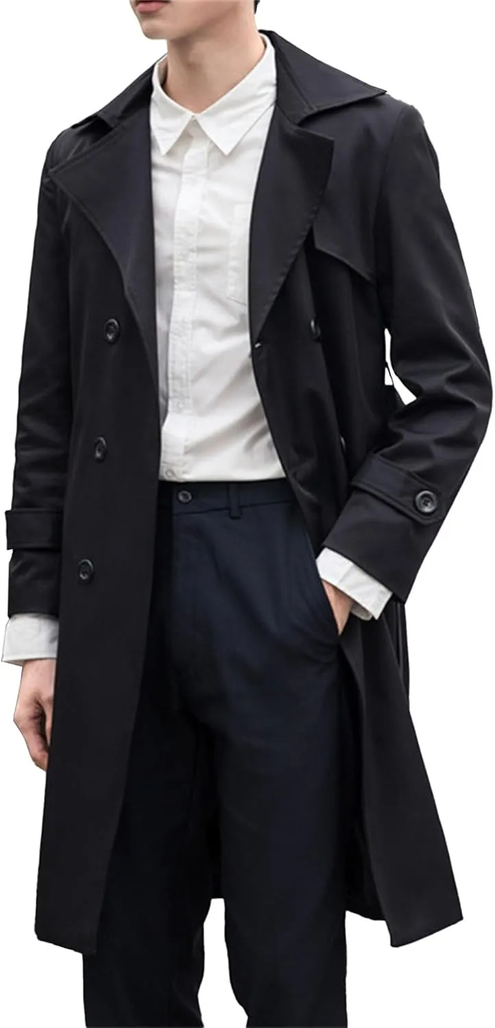 JEShifangjiusu Mens Notch Lapel Double Breasted Overcoat Lightweight Long Trench Coat Windbreaker Casual Cotton Blend Peacoat