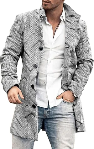 JEShifangjiusu Men'S Trench Coat Long Wool Coat Classic Overcoat Top Pea Coat Single Breasted Mid-Length Windproof Jacket